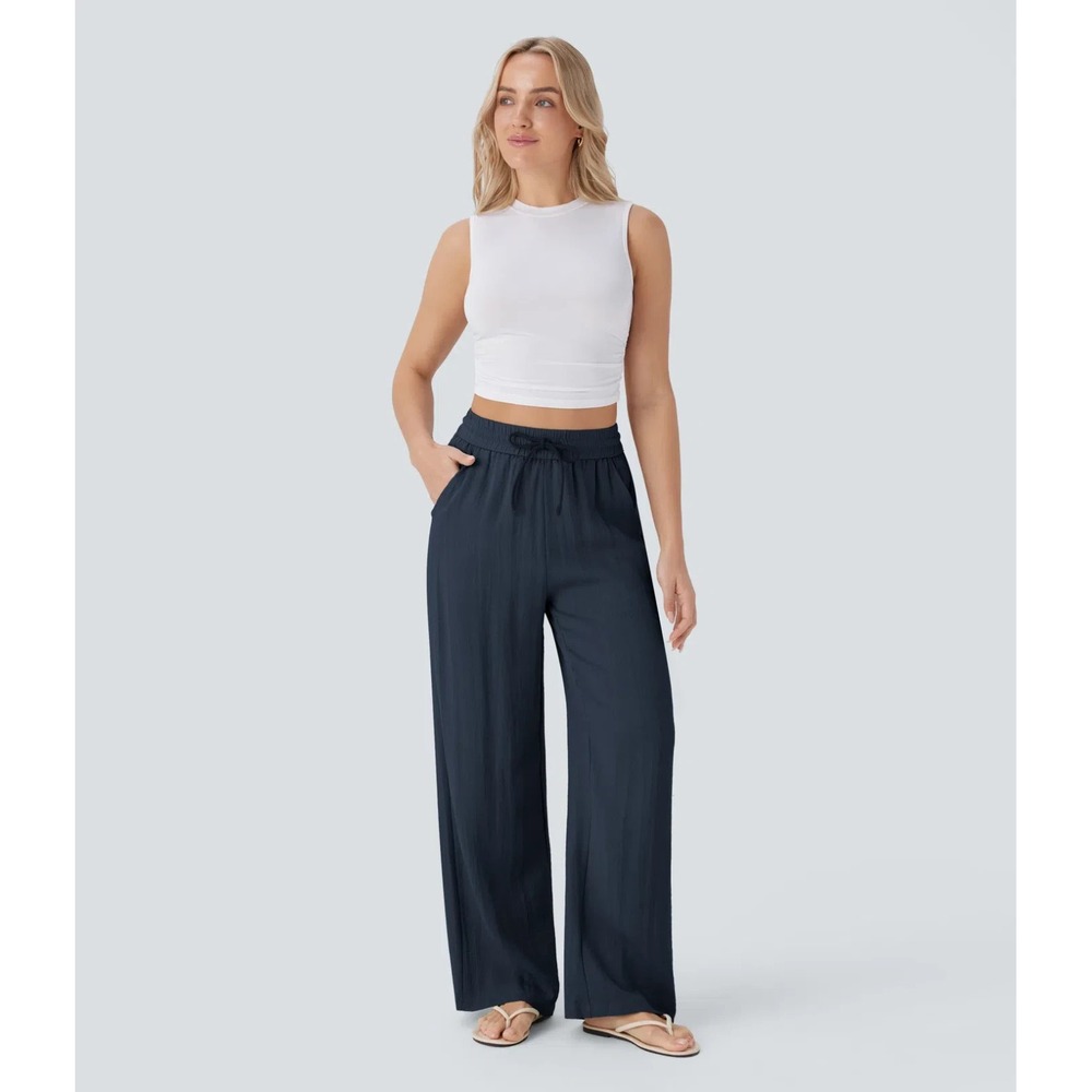 Halara High Waisted Drawstring Wide Leg Baggy Linen-Feel Pants Lg Regular Blue